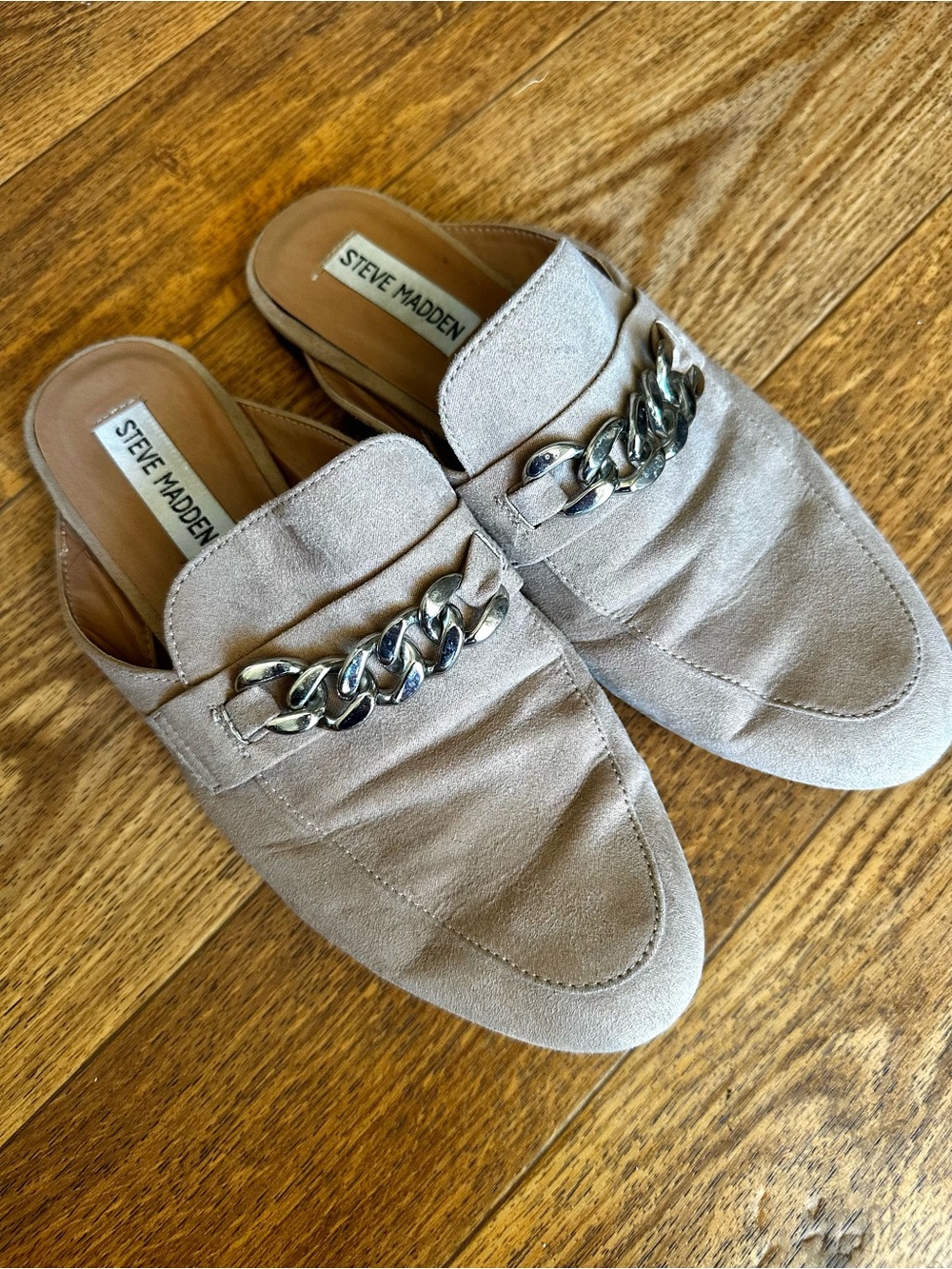 Steve Madden Taupe Suede Chain-Trim Mules